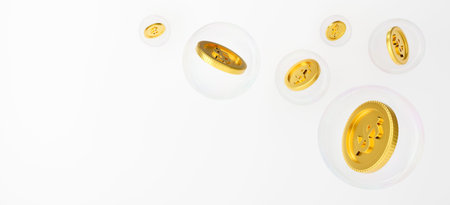3d render design of gold coins falling on white background abstract for market fall. Fly money in a bubble soap or glass sphere. Casino or bankruptcy, financial crisis concept.の写真素材