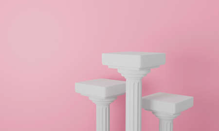 3d render of pillar column on pastel background abstract. Ancient roman. Architecture classic white pedestal table or podium stand in pink room studio. Antique interior design for display product.の写真素材