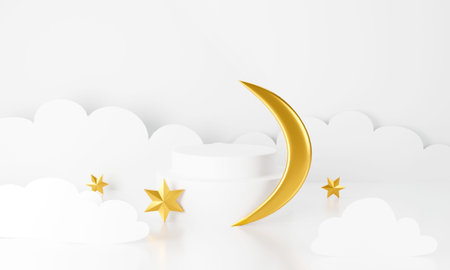 3d white podium on background abstract geometric. 3d rendering for banner, stand, display product and stage mockup design. Creative ideas minimal with gold stars moon.の写真素材