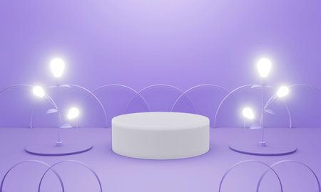 3d purple podium scene or pedestal on pastel background abstract geometric in studio. 3d rendering for banner, display product mockup design. Minimal creative idea concept with light bulb and fence.の写真素材