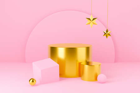 3d pink podium or pedestal for display product. Golden star Christmas and New Year on pastel background abstract. 3d rendering for winter holiday greeting card, banner, poster design.の写真素材