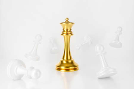 3d rendering of. Gold chess king win with white pawns on chess board background abstract. competition winner, success and strategic planning concept.  Creative ideas checkmate game.の写真素材