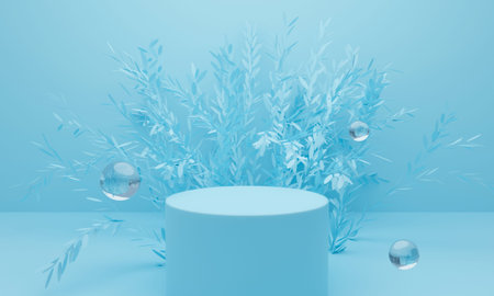 3d blue podium on pastel background abstract geometric shapes. 3d rendering for banner, showcase, presentation, display product mockup design. Creative ideas minimal summer water with leaf tree.の写真素材