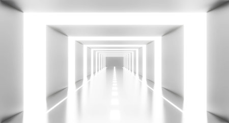3d render of abstract white light tunnel background geometric in studio room. Futuristic interior...