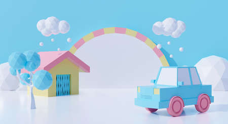 3d rendering of sweet cartoon house and car with blue snow winter background abstract. Creative ideas minimal design. Dream fantasy world.の写真素材