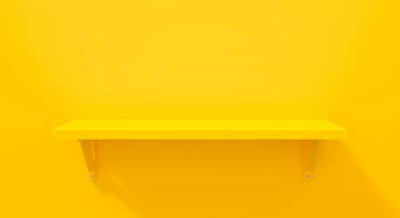 Yellow 3d shelf hanging on wall in gallery art. Empty book shelf isolated on background abstract. 3d rendering for mockup office room, blank banner. Modern object idea.の写真素材