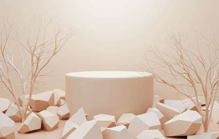 3d render of product display podium stand with stone rock. Abstract beige background scene with geometric shape. Brown pedestal table with autumn plants for beauty product. Minimal design.の写真素材