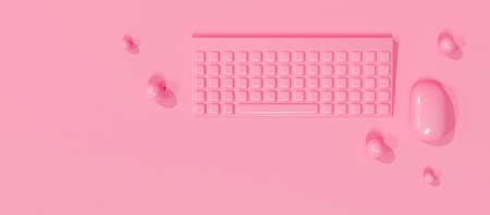 3d render of wireless computer keyboard button on cute pastel background abstract with copy space. Technology keyboard mouse on pink color. Creative ideas minimal design. Communication concept.の写真素材