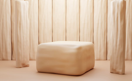 3d rendering of display podium stand with stone wood. Abstract beige background scene with geometric...