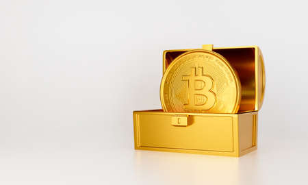 3d gold bank. 3d render for jackpot winner. Treasure chest with bit coin isolated on white background abstract. Surprise inside open money box with bitcoin. Cryptocurrency or crypto currency symbol.の写真素材