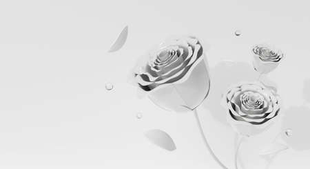 Abstract white rose background scene. 3d rendering for display product, banner, holiday greeting card, mock up with studio. Beautiful bouquet flower Valentine is day concept.の写真素材