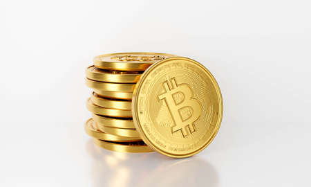 3d rendering of gold Bitcoin business isolated on white background abstract. Bit Coin BTC. Blockchain technology concept. Cryptocurrency or crypto currency symbol.の写真素材