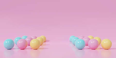 3d pink pastel background abstract texture with bubble party. Realistic 3d rendering for display product, backdrop, banner on website. Minimal mockup with glossy sphere of balls on pastel color.の写真素材