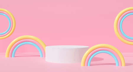 Abstract white podium on pink pastel background cute rainbow cartoon kid. Creative ideas minimal. Realistic 3d render for pedestal winner, banner, stage, display product mockup design.の写真素材
