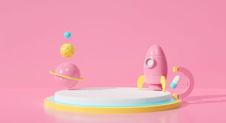 Abstract 3d rendering of white podium stand, pedestal winner on pink pastel background scene. Cute...