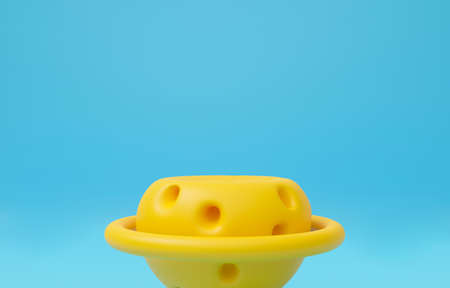 Abstract blue background geometric shape for presentation and exposition. Stage podium pedestal. Cheese 3D rendering for mock up, display product. Creative idea minimal studio with yellow stand.の写真素材