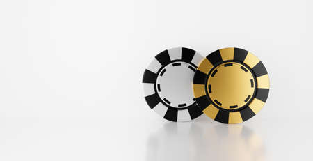 Casino chips isolated on white background abstract. Online gamble concept. White black and golden casino game. 3D rendering for jackpot winner design.の写真素材