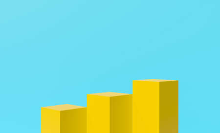 Abstract blue background scene. Yellow 3D rendering illustration for blank stage podium pedestal, mock up, shelf display product, square cube box design. Creative idea minimal studio room.の写真素材