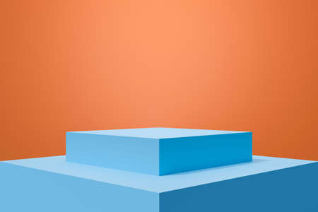 Blue 3D rendering for blank stage podium pedestal, mock up, showcase, modern square cube box design. Abstract orange background scene. Summer creative idea minimal studio room.の写真素材