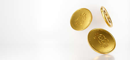Bitcoin business. Bank money gold coins falling isolated on white background scene. 3d rendering of bit coin BTC or blockchain technology concept. Cryptocurrency or crypto currency symbol.の写真素材