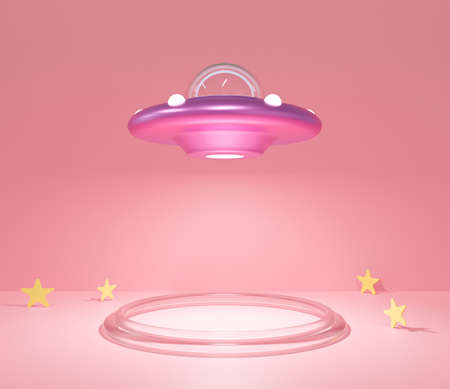 Cute 3d rendering for pedestal, display product and stage design. UFO cartoon on pastel pink background scene. Flying saucer in space ship and star. Fantasy science fiction. Creative ideas minimalism.の写真素材
