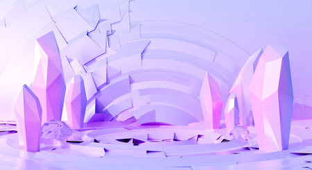 Cute 3d rendering for pedestal, advertisement design. Bright pink purple rock stone on pastel background abstract blue science in space. Creative ideas minimalism. Galaxy cartoon landscape.の写真素材