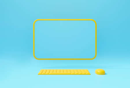 Cute 3d render of yellow computer display on pastel background abstract with copy space. Modern desktop PC on blue color with keyboard mouse. Creative ideas minimal design. Communication concept.の写真素材