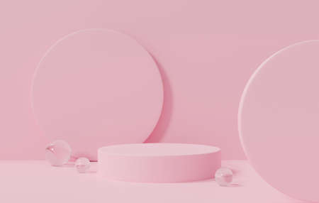 Abstract 3d rendering illustration of empty podium stand, blank stage show, product display template, pedestal winner on pink pastel background scene in space. Creative ideas minimalism for cosmetic.の写真素材