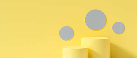 Yellow background abstract. 3d rendering for empty podium stand, blank stage, product display template, pedestal winner, backdrop studio, advertising design. Mock up table sale banner with glass mirror.の写真素材