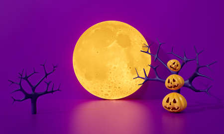 Halloween background abstract with pumpkin and dark moon light. Graveyard at night. cute 3D rendering illustration for party poster horizontal banner, celebration card design.の写真素材