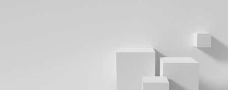 3d rendering for empty stage, product display podium stand, showcase, pedestal table, advertising banner. Abstract white background scene in studio room with geometric shape.の写真素材