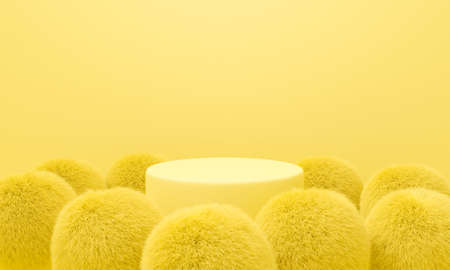 Abstract yellow background geometric shape. 3D rendering of stage podium pedestal with fur ball for empty stage, display product, pedestal table, banner or fashion. Minimal interior design.の写真素材
