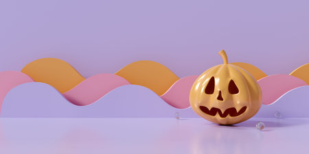 Cute 3D rendering for party poster horizontal banner, celebration card design. Halloween pumpkin background abstract on pastel color. Creative ideas minimal. Autumn holiday concept.の写真素材