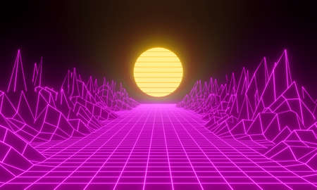 3d rendering of futuristic landscape city night with sun and mountain sunset. New game city 80s retro background abstract in cyber world. Summer neon light future of the 1980s style.の写真素材