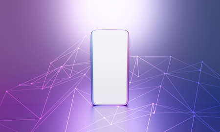 3d rendering illustration of block chain network and Metaverse virtual world. Digital virtual technology business mobile phone isolated or smartphone screen on pastel pink purple background abstract.の写真素材
