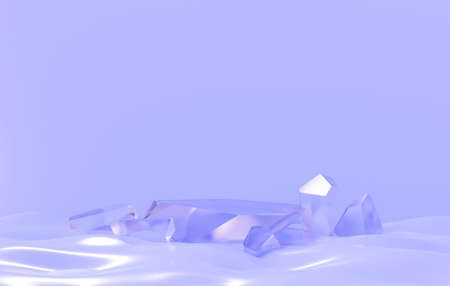 3d rendering realistic illustration of luxury crystal glass product display stand on purple background abstract. Three dimensional of presentation podium winner. Creative ideas minimal design.の写真素材