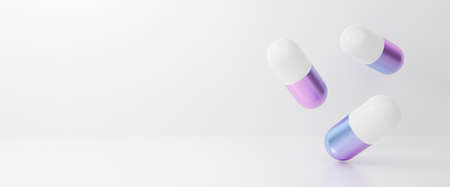 Capsule pill isolated on white background. Antibiotic resistance virus and pastel drug. Cute 3d rendering realistic illustration of health medical technology abstract. Creative ideas minimalism.の写真素材