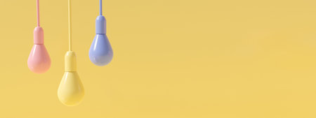 Pastel cute 3d rendering illustration of bulb lamp light idea icon. Lightbulb idea on bright yellow...