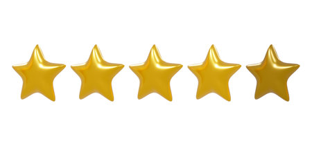 3d render illustration of gold stars isolated on white background abstract with clipping path. Quality ranking list and review icon symbol. Feedback concept.の写真素材