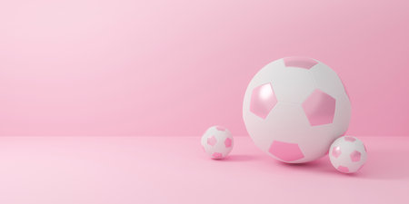 Cute pink 3d rendering illustration of game sport soccer football ball icon on pastel background abstract with classic women team. Banner web.の写真素材