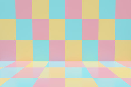 Cute 3d rendering illustration of checkered pattern background seamless. Empty table, square blank backdrop, banner stand on pastel color in studio room. Creative minimal design.の写真素材