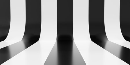 Black and white pattern background seamless wallpaper design. Stripes texture paper in curve studio room. 3d rendering illustration for empty table, blank backdrop.の写真素材