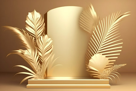 Gold 3D rendering of podium stand background scene with tropical leaves with copy space. Cosmetic product, Generative Ai.の素材