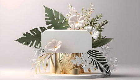 Plant 3D render of minimal background abstract with monstera leaf, Cosmetic display. Generative Ai.の素材