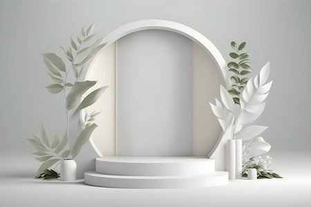 Tropical flowers 3D render of pastel podium stand minimal background abstract. Generative Ai.の素材