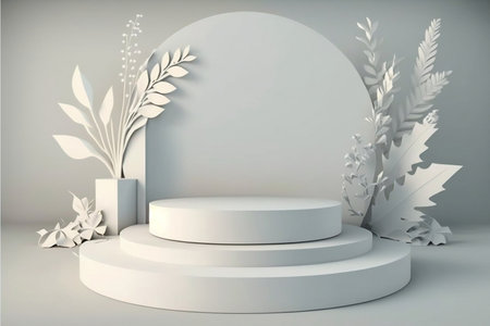 Tropical flowers 3D render of pastel podium stand minimal background abstract. Generative Ai.の素材