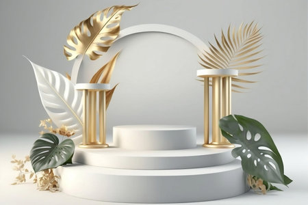 Tropical flowers 3D render of pastel podium stand minimal background abstract. Generative Ai.の素材