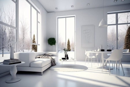White living room interior design wall. Architecture modern home 3D Rendering house wall furniture of Generative Ai.の素材