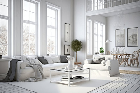 White living room interior design wall. Architecture modern home 3D Rendering house wall furniture of Generative Ai.の素材