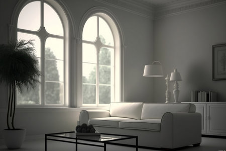 White living room interior design wall. Architecture modern home 3D Rendering house wall furniture of Generative Ai.の素材